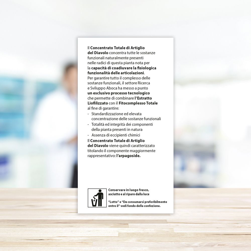 Rückseite der Aboca Artiglio del Diavolo Concentrato Totale Verpackung mit Anwendungshinweisen und Siegeln.