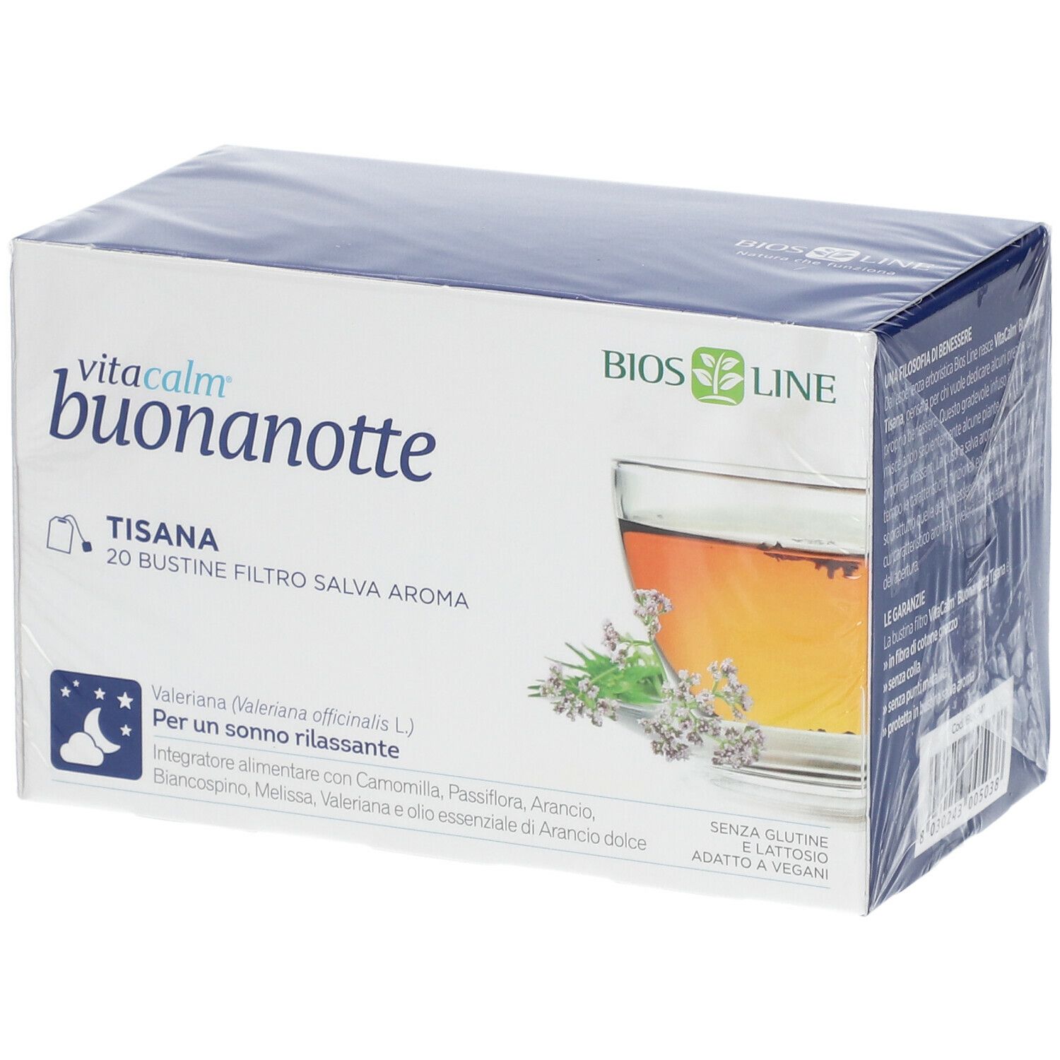 Scatola confezionata VitaCalm Buonanotte Tisana. Scritta: 20 bustine, aroma salvia. Immagine: tisana. Senza glutine, senza lattosio, vegano.