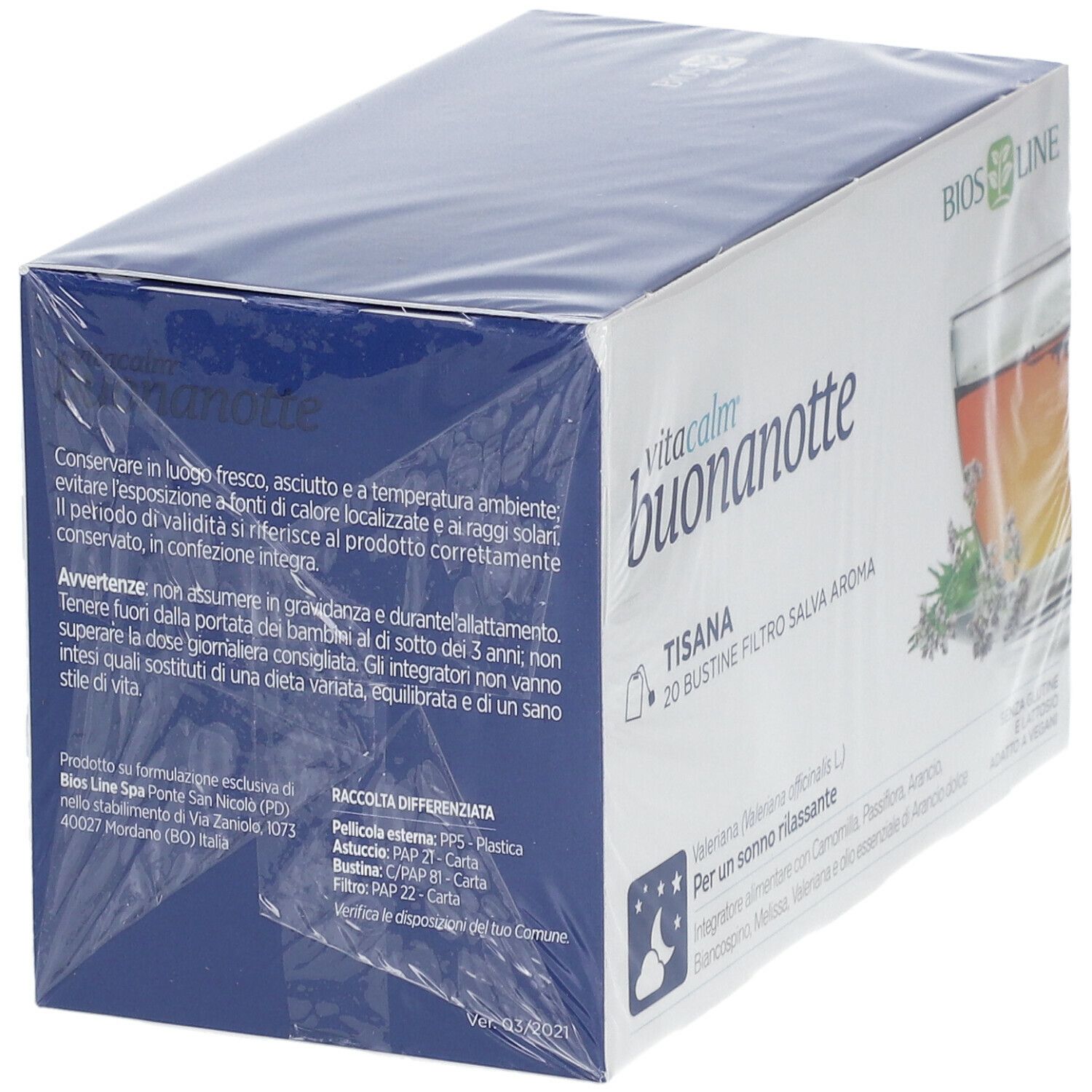 Scatola confezionata VitaCalm Buonanotte Tisana. Scritta: 20 bustine, aroma salvia. Testo: Per un sonno rilassante. Senza glutine, senza lattosio, vegano.