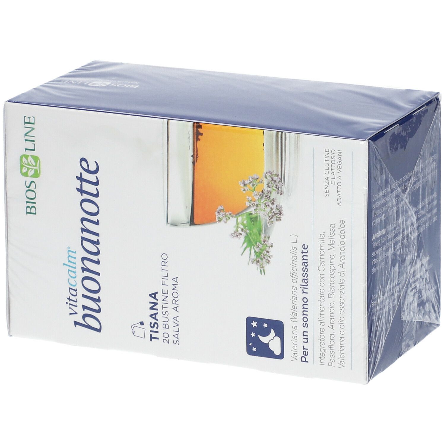 Scatola confezionata VitaCalm Buonanotte Tisana. Scritta: 20 bustine, aroma salvia. Testo: Per un sonno rilassante. Senza glutine, senza lattosio, vegano.