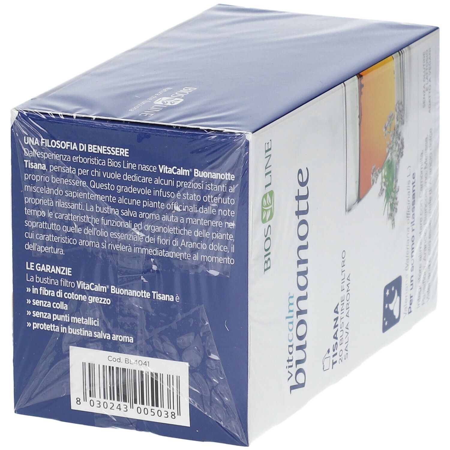 Scatola confezionata VitaCalm Buonanotte Tisana. Scritta: 20 bustine, aroma salvia. Testo: Per un sonno rilassante. Senza glutine, senza lattosio, vegano.
