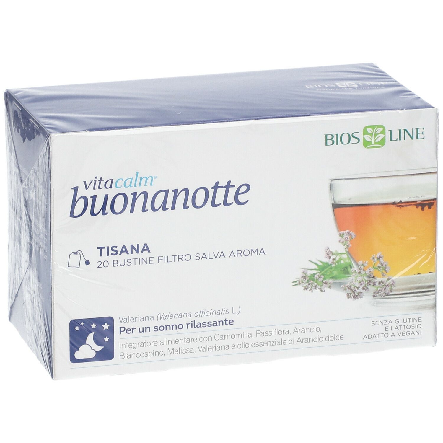 Scatola confezionata VitaCalm Buonanotte Tisana. Scritta: 20 bustine, aroma salvia. Testo: Per un sonno rilassante. Senza glutine, senza lattosio, vegano.
