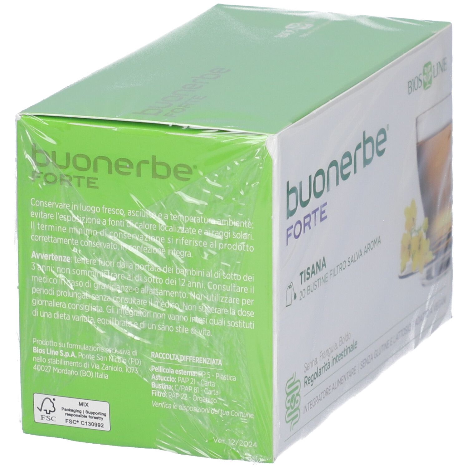 BIOSLINE Buonerbe Forte Tisana-Verpackung. Grün-weiße Schachtel, teilweise transparent verpackt, mit Produktinformationen.
