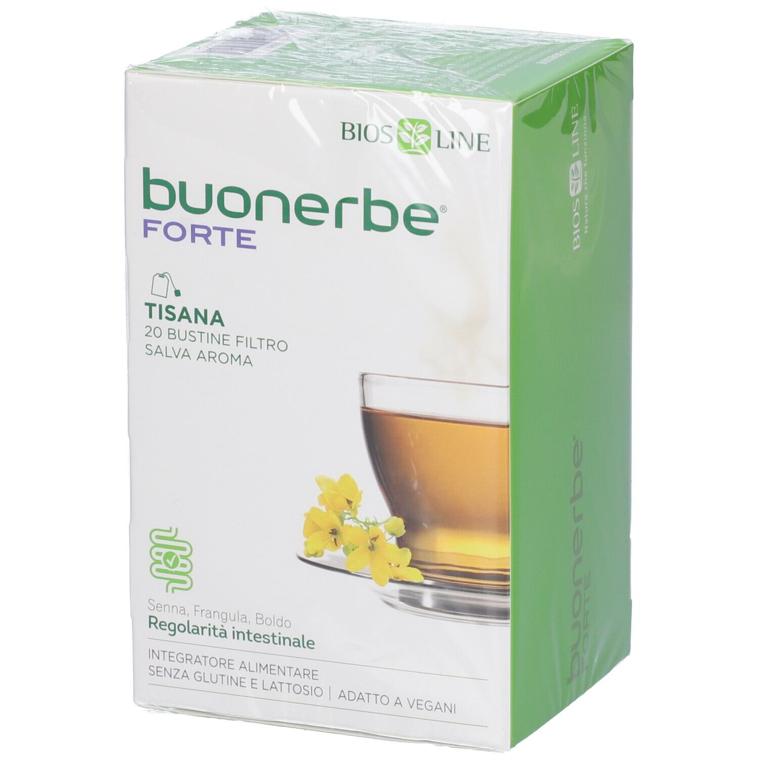 BIOSLINE Buonerbe Forte Tisana-Verpackung. Grün-weiße Schachtel mit Produktnamen, Teebeutel-Anzahl und Abbildung.