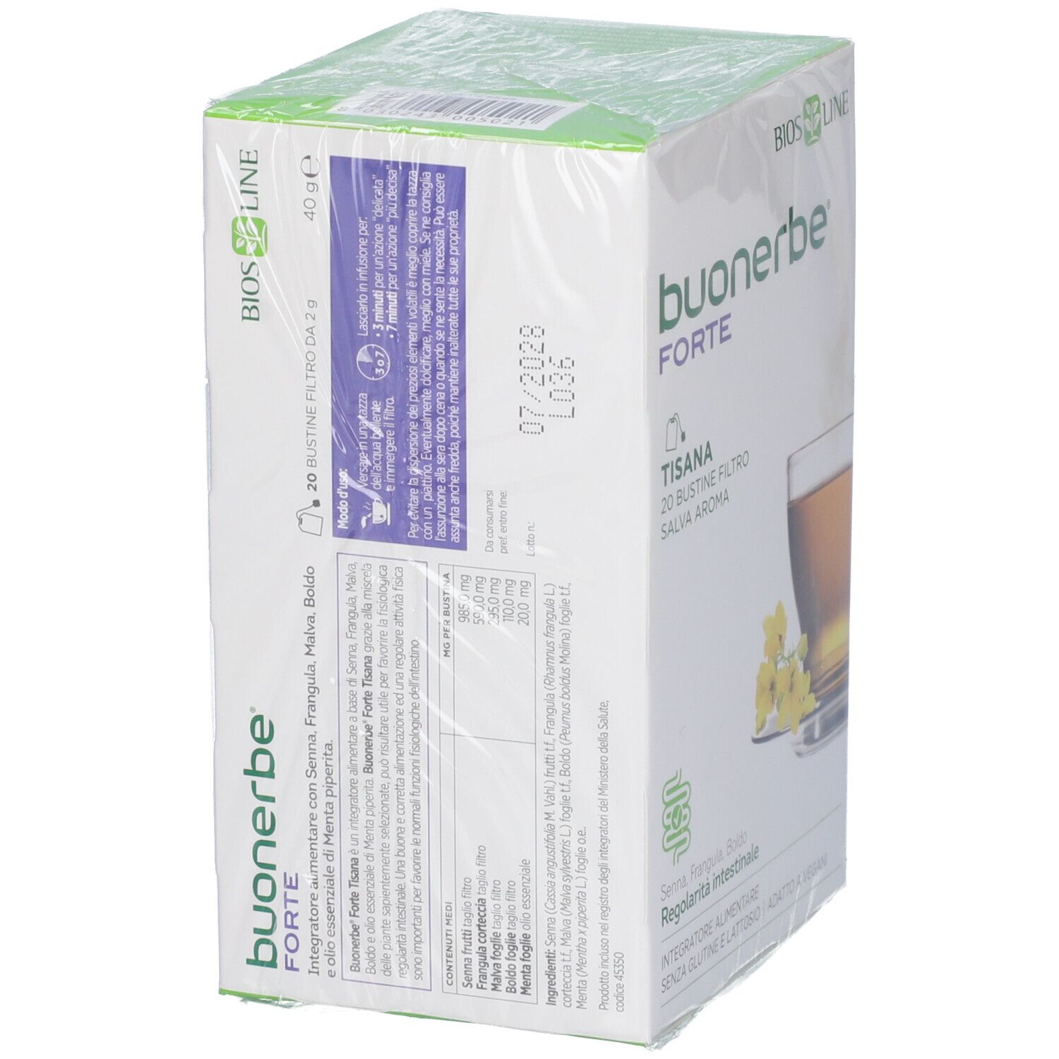 BIOSLINE Buonerbe Forte Tisana-Verpackung. Grün-weiße Schachtel mit Produktnamen und Text. Rückseite mit Text.