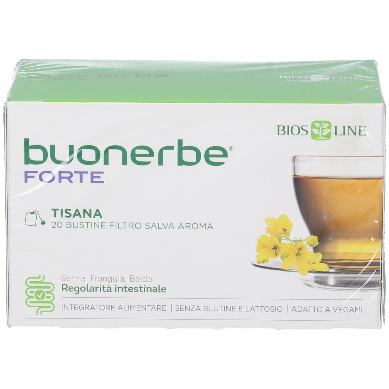 BIOSLINE Buonerbe Forte Tisana-Verpackung. Grün-weiße Schachtel mit Produktnamen und Abbildung eines Getränks.