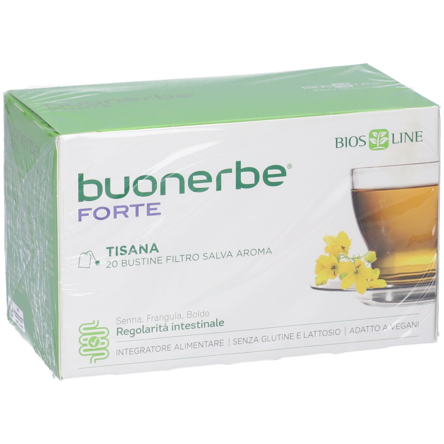 BIOSLINE Buonerbe Forte Tisana-Verpackung. Grün-weiße Schachtel mit Produktnamen und Abbildung eines Getränks.