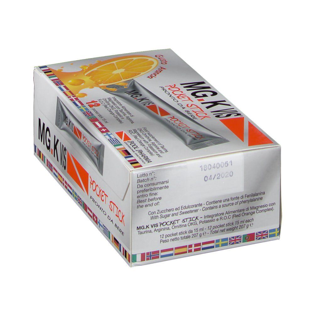 Schachtel MG.K VIS Pocket Stick. 12 Sticks. Aufdruck mit Inhaltsstoffen und Haltbarkeitsdatum 04/2020.