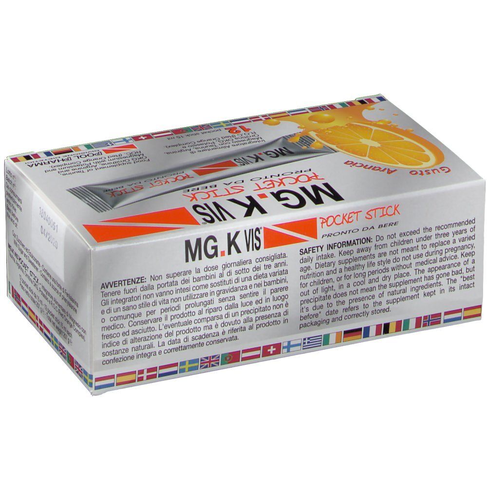 Schachtel MG.K VIS Pocket Stick. 12 Sticks. Text mit Warnhinweisen und Inhaltsstoffen.