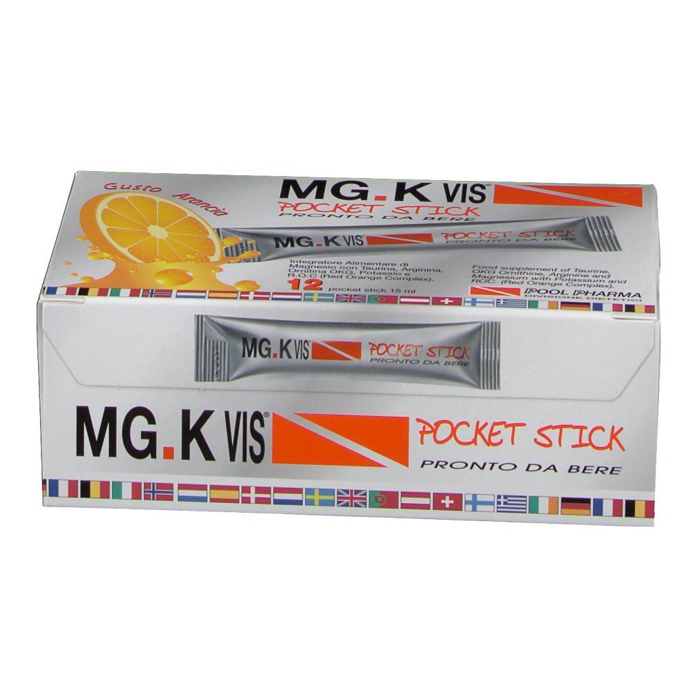 Schachtel MG.K VIS Pocket Stick. 12 Sticks. Geschmack Orange. Produktname und Logo.