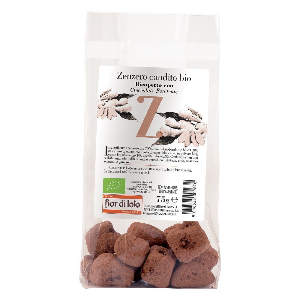 Zenzero candito bio ricoperto con cioccolato fondente in confezione trasparente. Visibile: nome prodotto, logo, peso 75g.