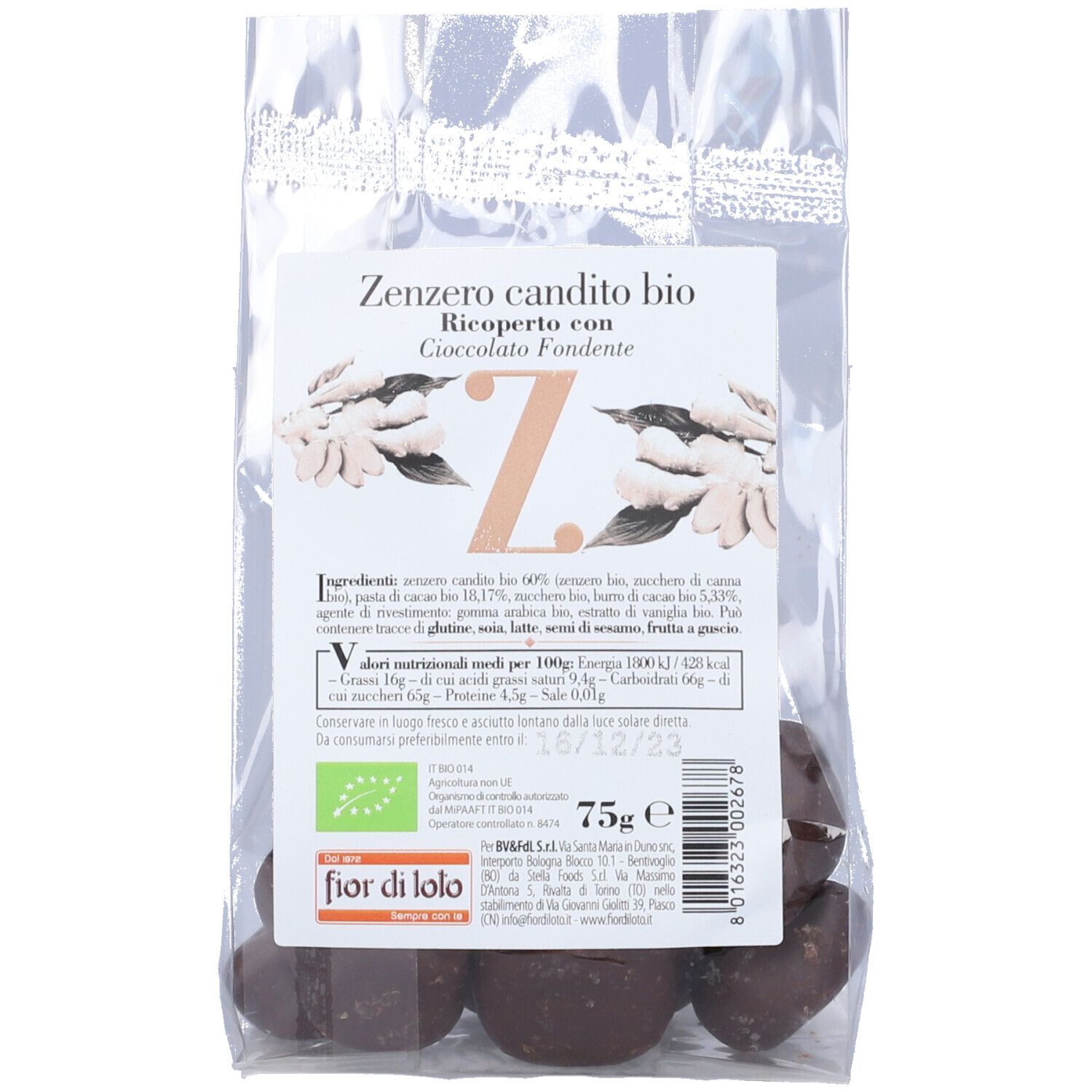 Zenzero candito bio con cioccolato fondente in confezione trasparente. Visibili: nome prodotto, logo, peso 75g e lista ingredienti.