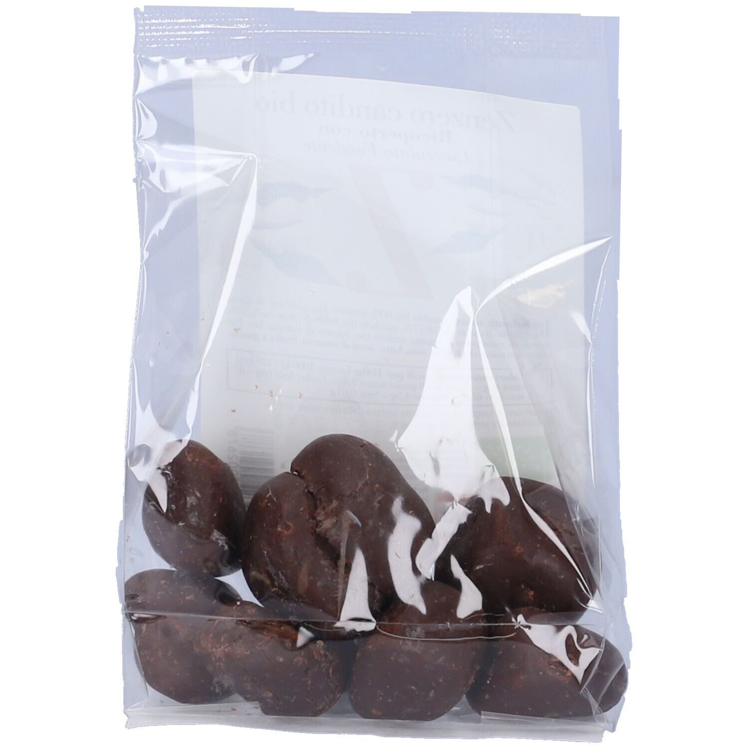 Confezione trasparente con zenzero candito ricoperto di cioccolato. Prodotto parzialmente visibile. Testo sul retro della confezione.