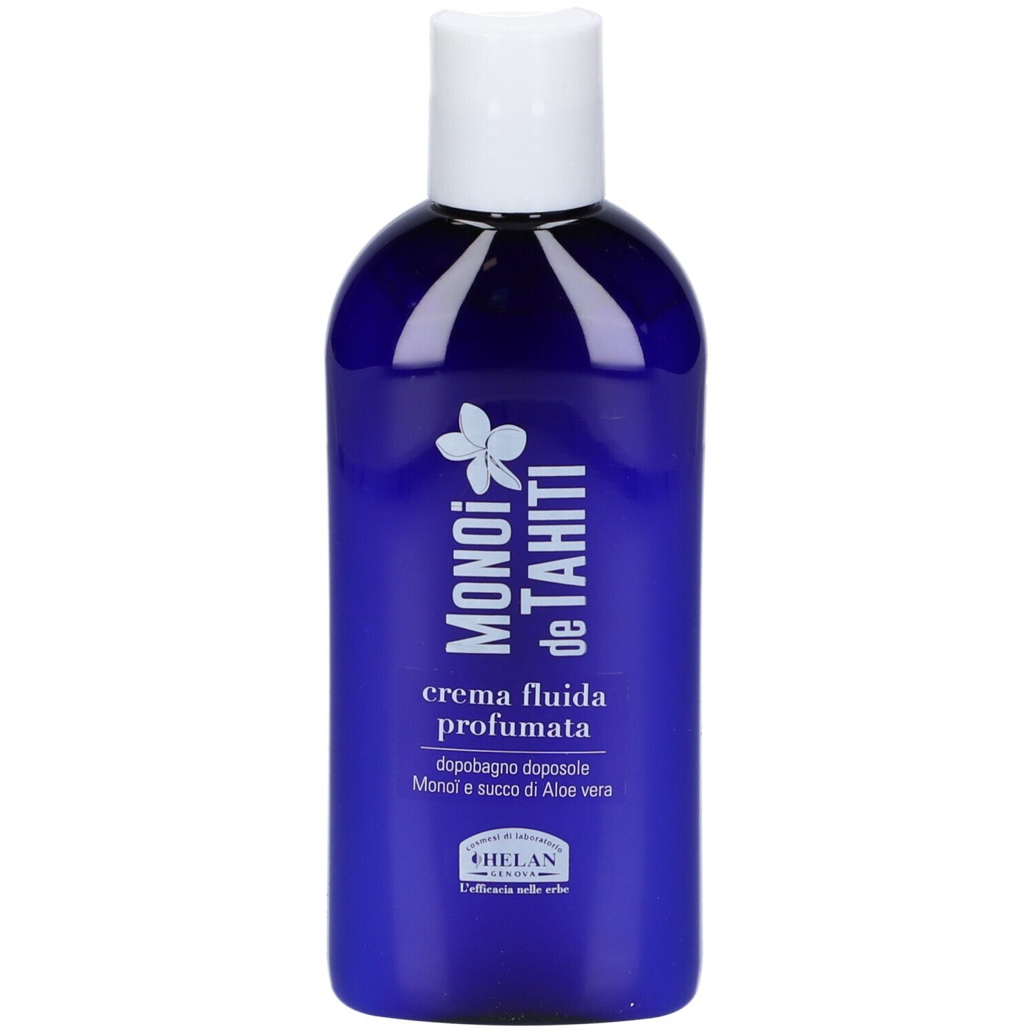 Blaue Flasche mit weißem Deckel. Auf der Flasche steht MONOI de TAHITI Crema Fluida Profumata. Darunter steht Helan.