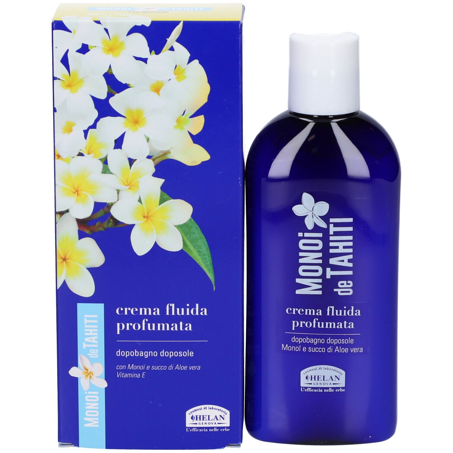 Blaue Flasche und Schachtel. Auf der Flasche steht MONOI de TAHITI Crema Fluida Profumata. Auf der Schachtel sind weiße Blumen abgebildet.