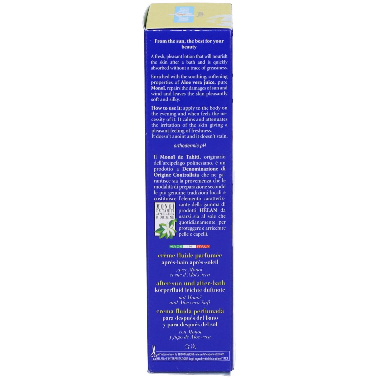 Blaue Schachtel mit Text. Auf der Schachtel steht MONOI de TAHITI Crema Fluida Profumata. Auf der Rückseite stehen Informationen.