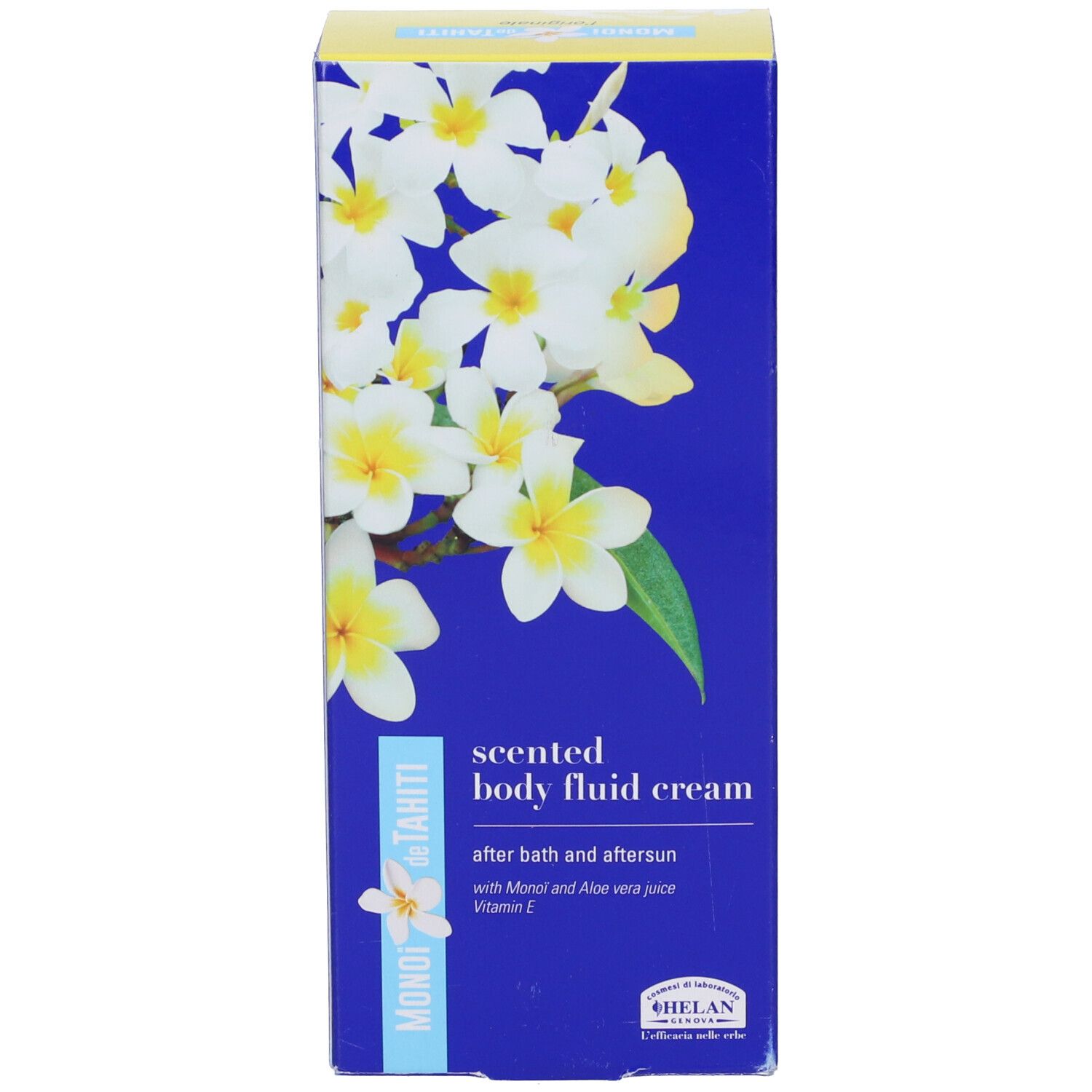 Blaue Schachtel mit weißen Blumen. Auf der Schachtel steht MONOI de TAHITI Scented body fluid cream. Darunter steht Helan.