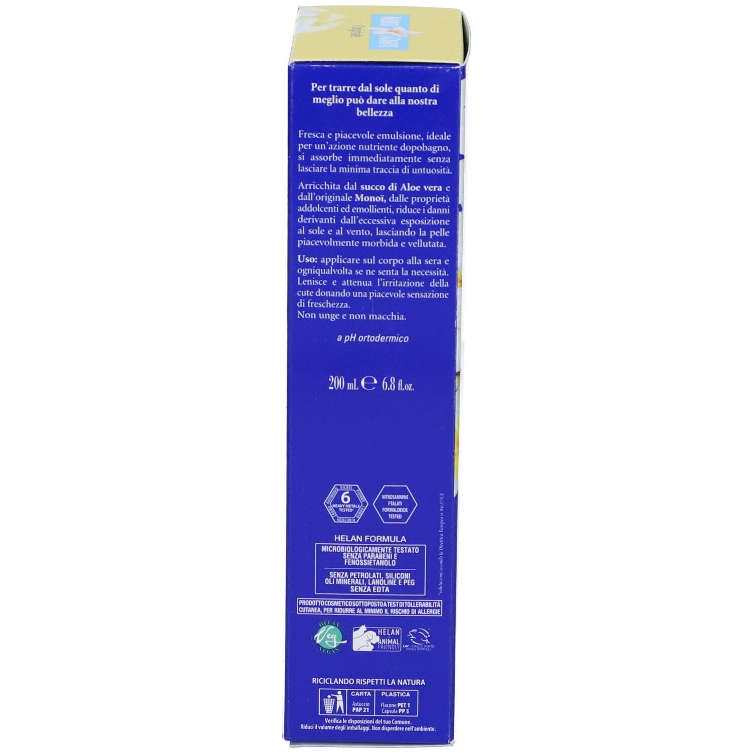 Blaue Schachtel mit Text. Auf der Schachtel steht MONOI de TAHITI Scented body fluid cream. Auf der Rückseite stehen Informationen.