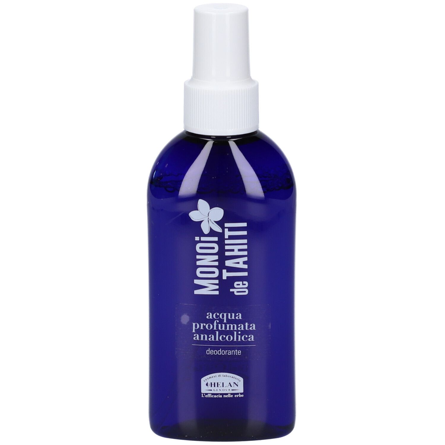 Flacone blu con vaporizzatore bianco. Scritta: MONOI de TAHITI, acqua profumata analcoolica, deodorant. Marchio: HELAN.
