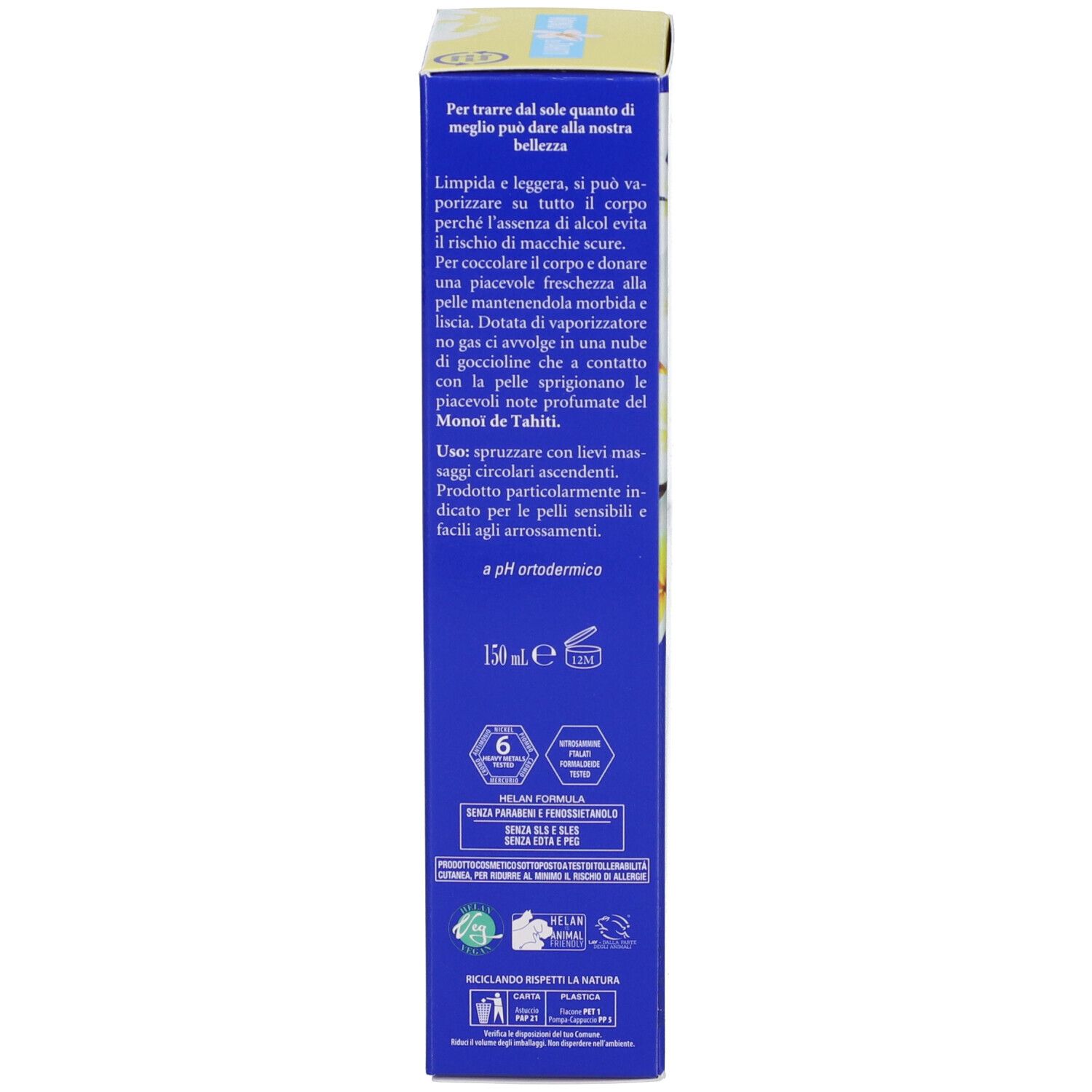 Scatola blu, testo in italiano. Descrizione del prodotto, istruzioni per l'uso e ingredienti. Marchio: HELAN.