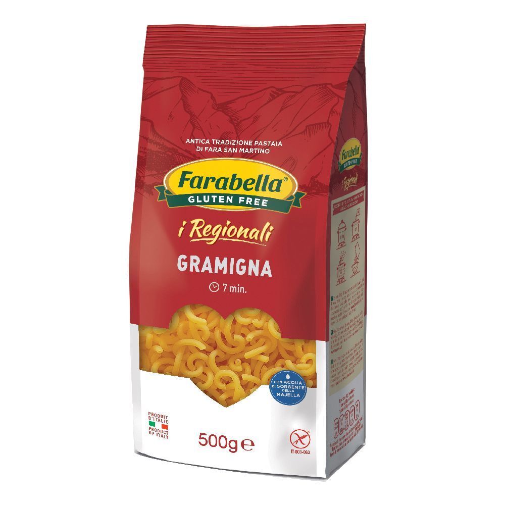 Confezione rossa di pasta Farabella senza glutine Gramigna. Pasta gialla. Testo: i Regionali, 7 min., 500g.