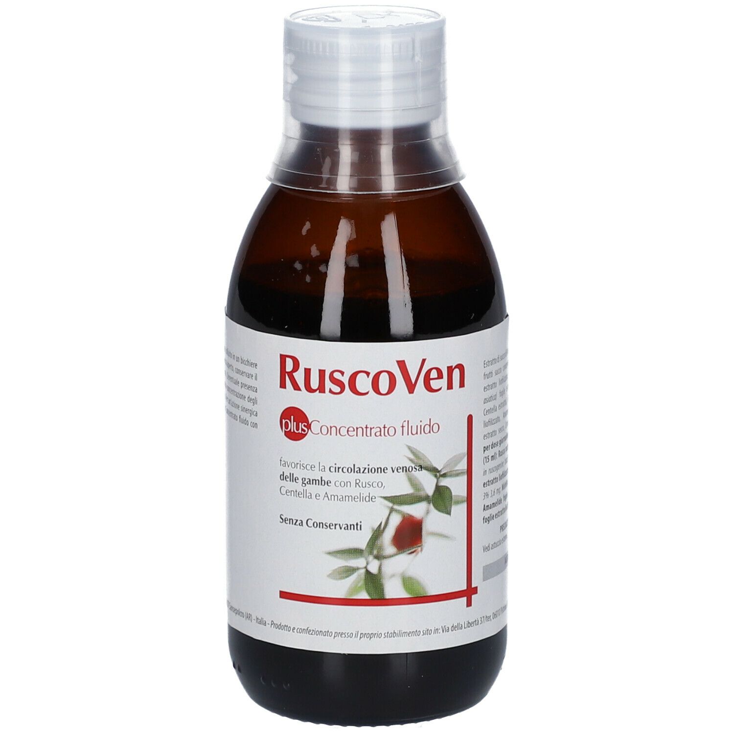 Flacone marrone con tappo bianco. Scritta: RuscoVen plus Concentrato fluido. Etichetta del prodotto.