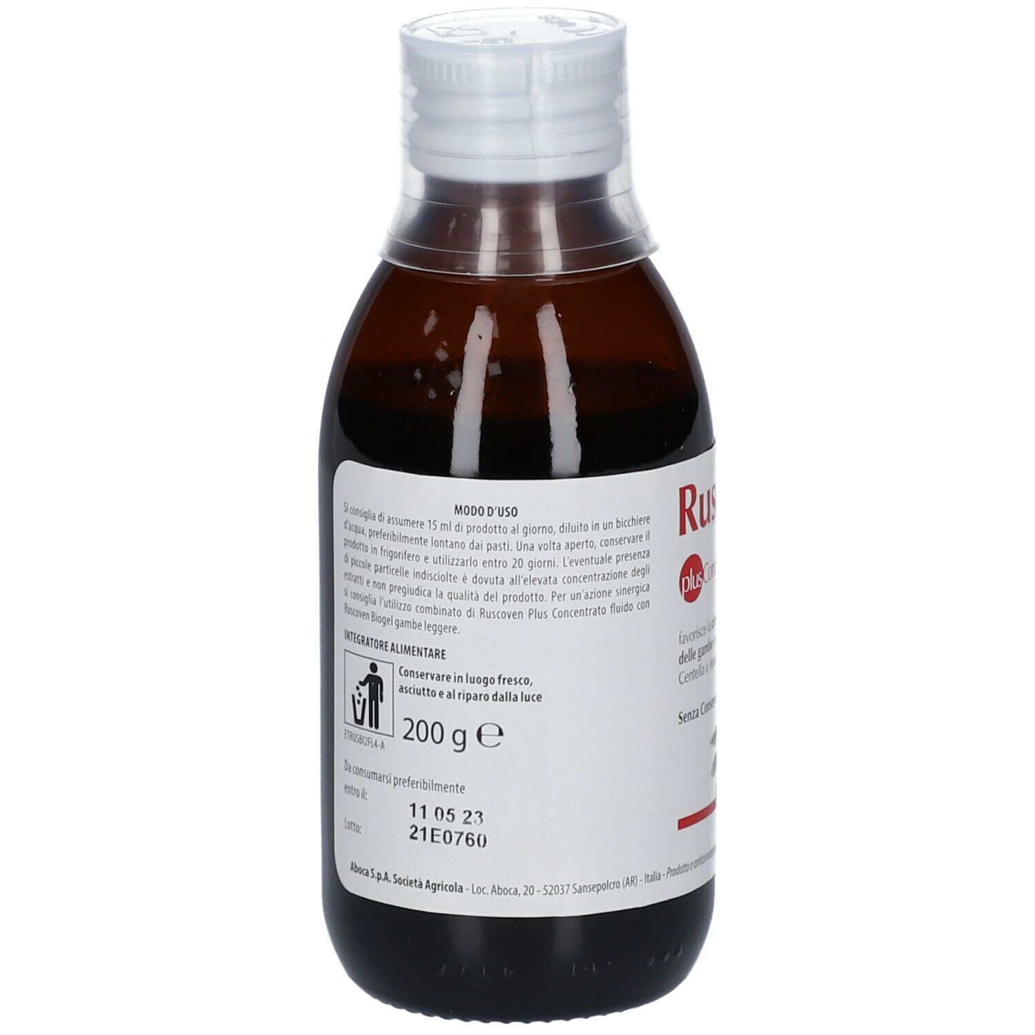 Flacone marrone con tappo bianco. Etichetta del prodotto con testo. Peso: 200 g. Data di scadenza.