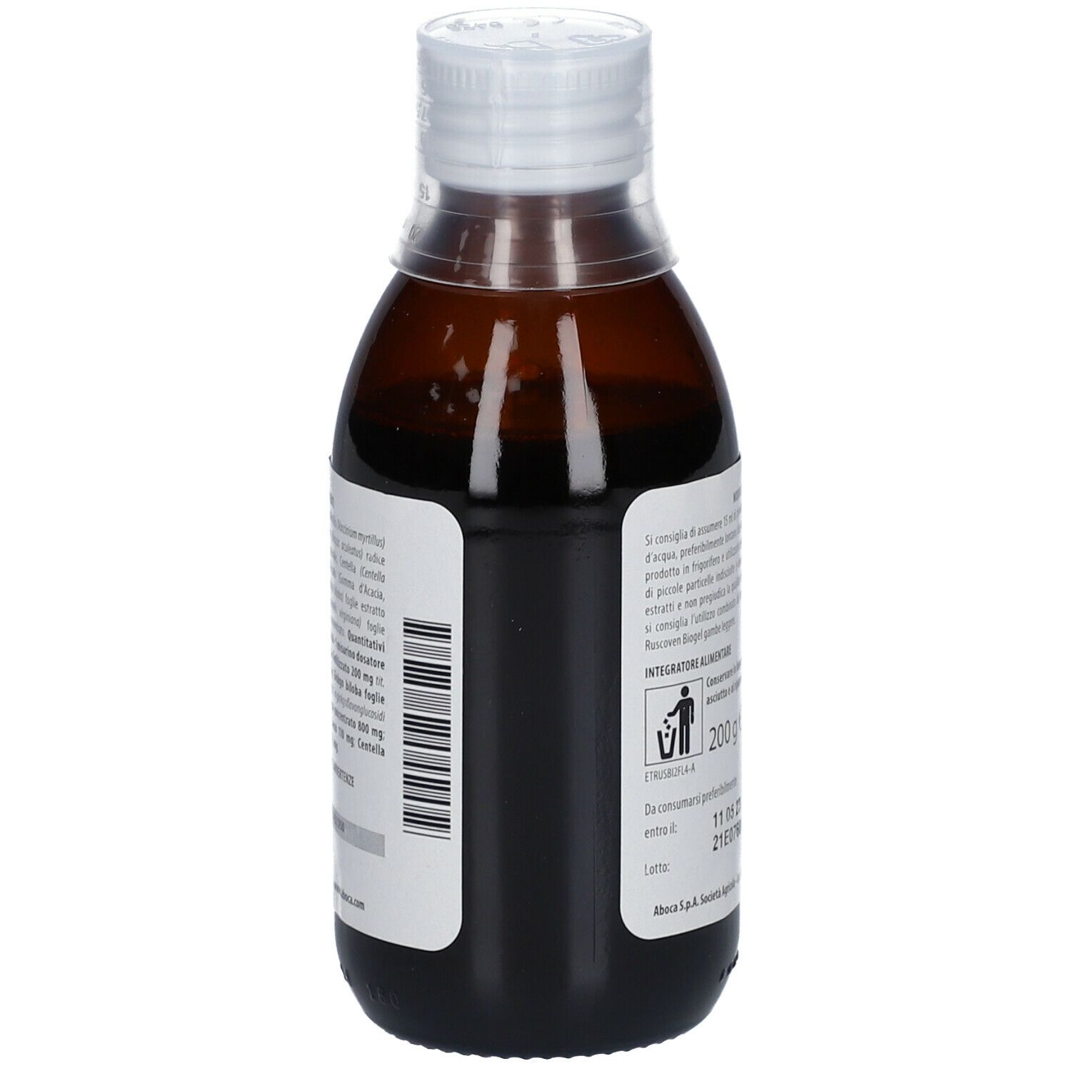 Flacone marrone con tappo bianco. Etichetta del prodotto con testo. Peso: 200 g. Data di scadenza.