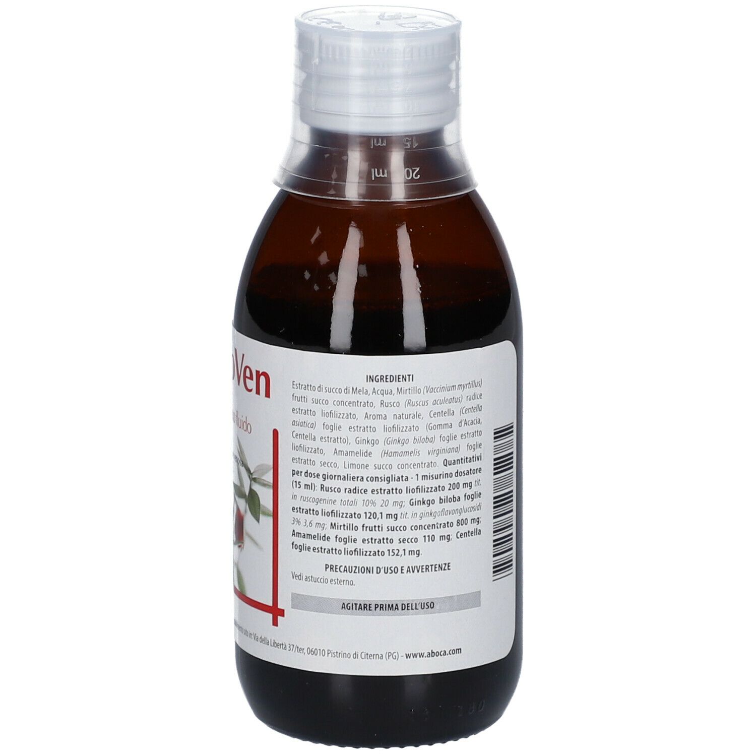 Flacone marrone con tappo bianco. Etichetta del prodotto con ingredienti. Testo in italiano.
