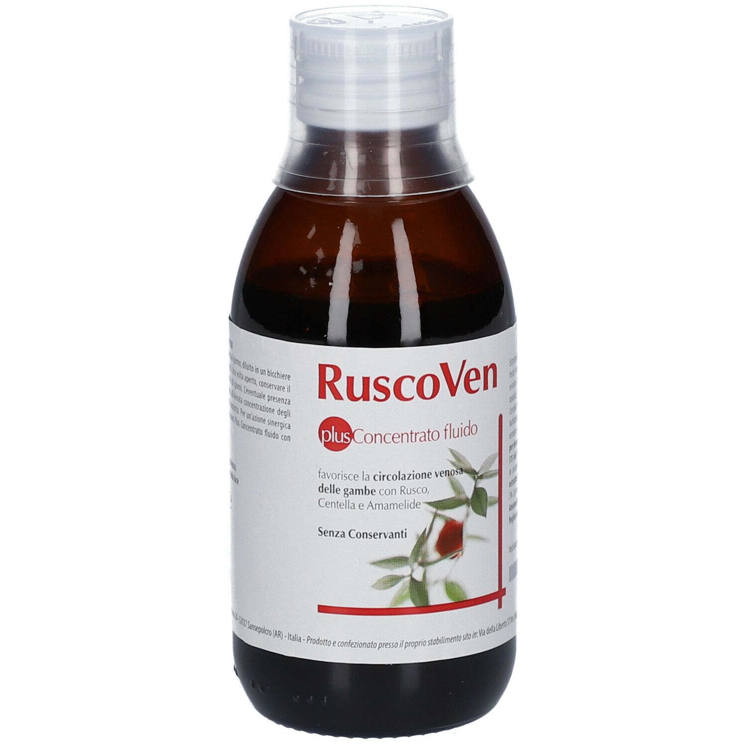 Flacone marrone con tappo bianco. Scritta: RuscoVen plus Concentrato fluido. Etichetta del prodotto.