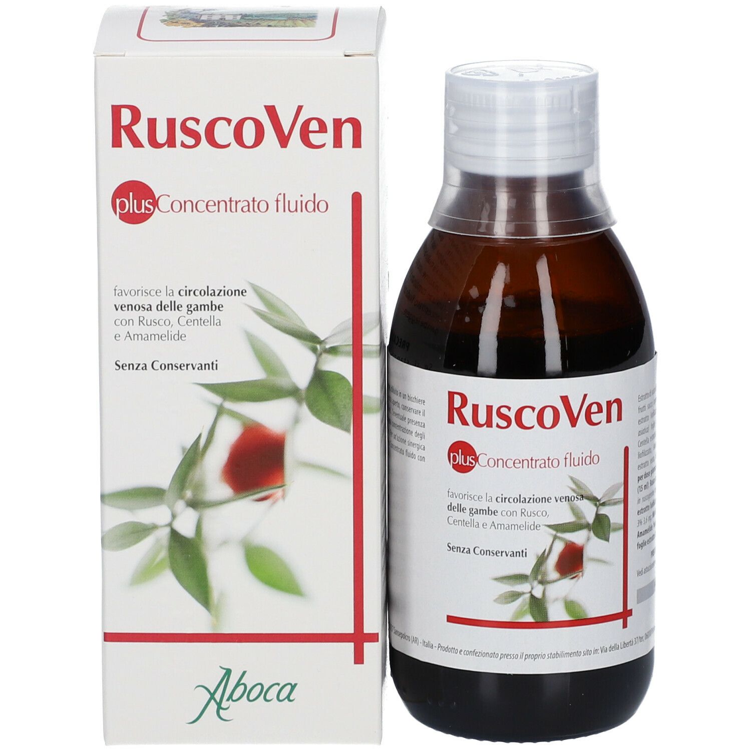 Flacone e scatola del prodotto. Scritta: RuscoVen plus Concentrato fluido. Logo Aboca.