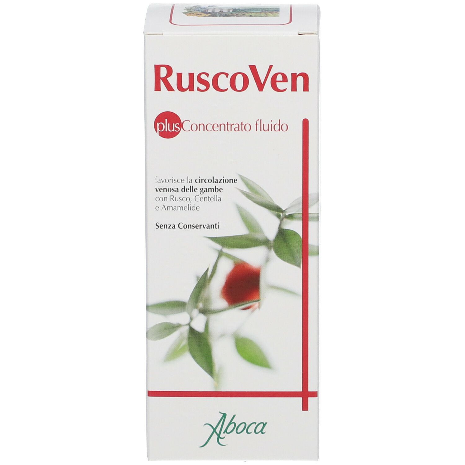 Scatola con stampa del prodotto. Scritta: RuscoVen plus Concentrato fluido. Logo Aboca in basso.