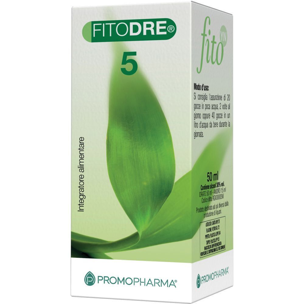 Scatola con nome del prodotto e foglie verdi. Scritto: Fitodre 5, Promopharma.