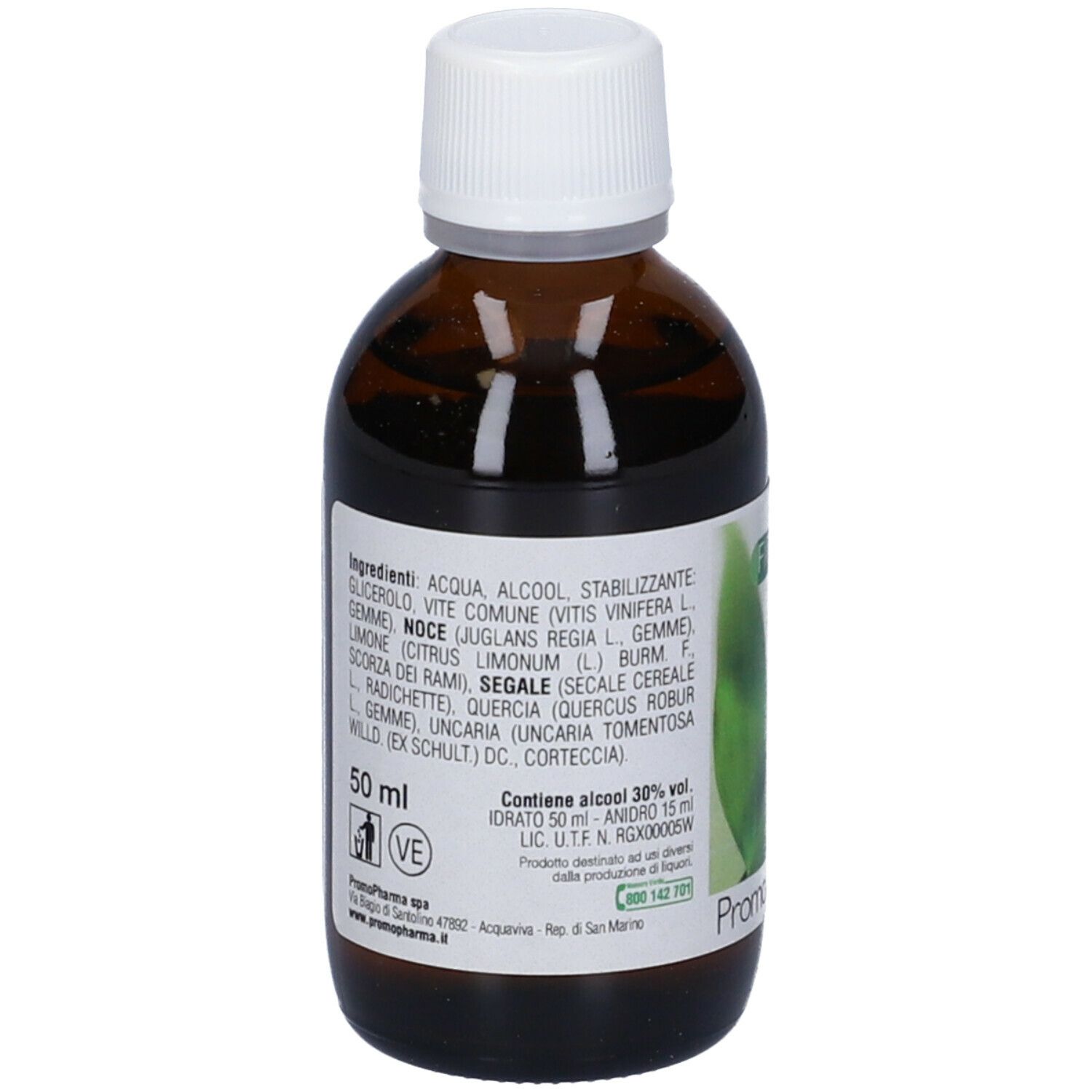Flacone marrone con tappo bianco. Etichetta con ingredienti e 50 ml. Promopharma.