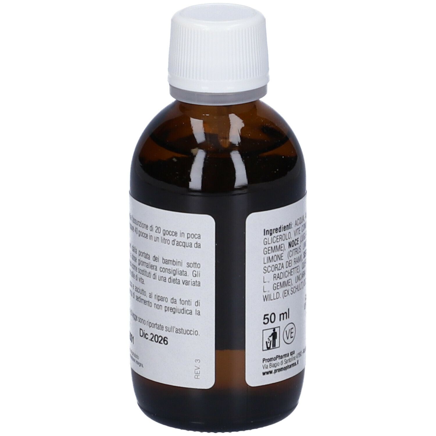 Flacone marrone con tappo bianco. Etichetta con ingredienti e 50 ml. Promopharma.