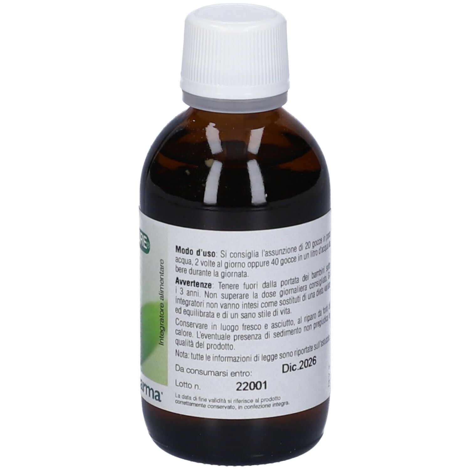 Flacone marrone con tappo bianco. Etichetta con ingredienti e 50 ml. Promopharma.