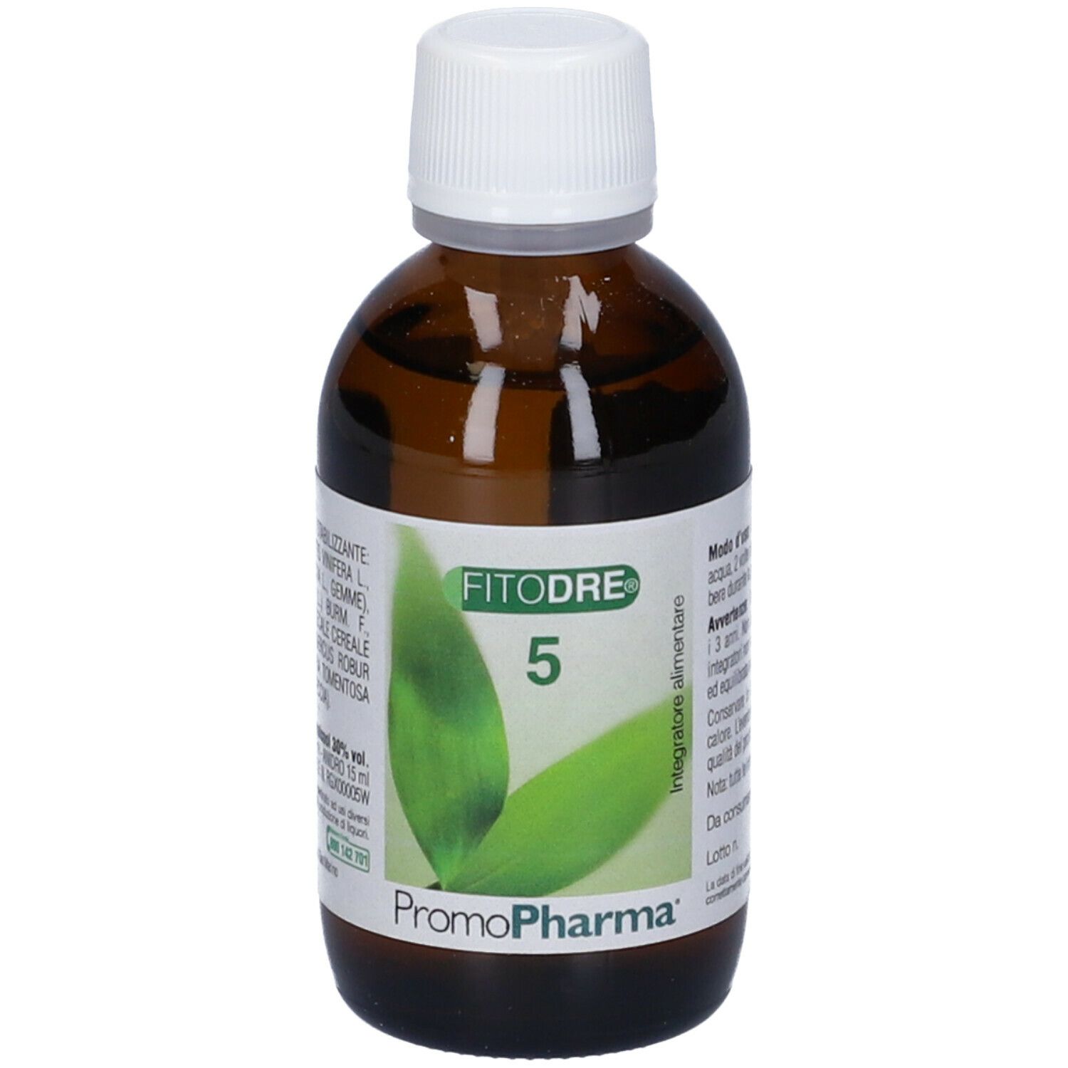 Flacone marrone con tappo bianco. Etichetta con nome prodotto, 5 e 50 ml. Promopharma.