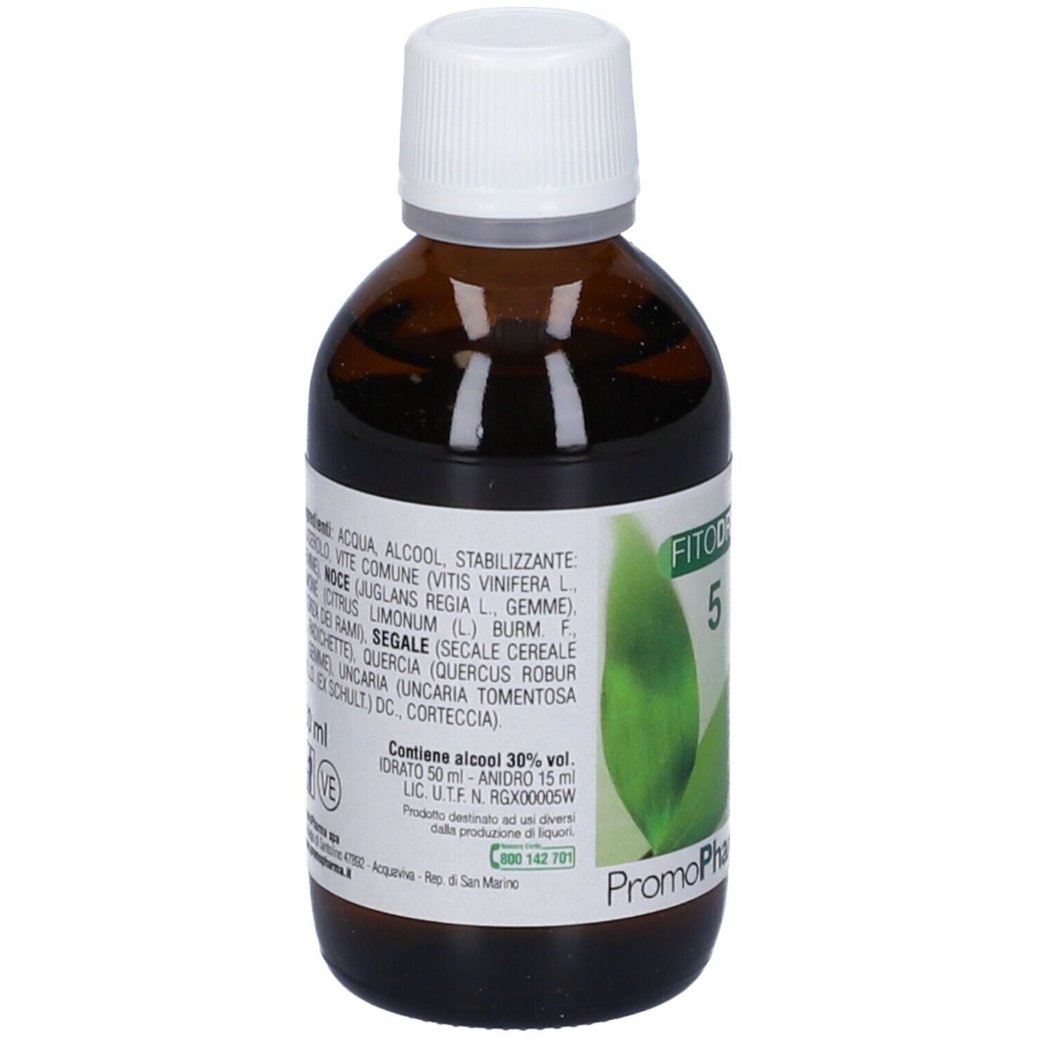 Flacone marrone con tappo bianco. Etichetta con nome prodotto, 5 e 50 ml. Promopharma.