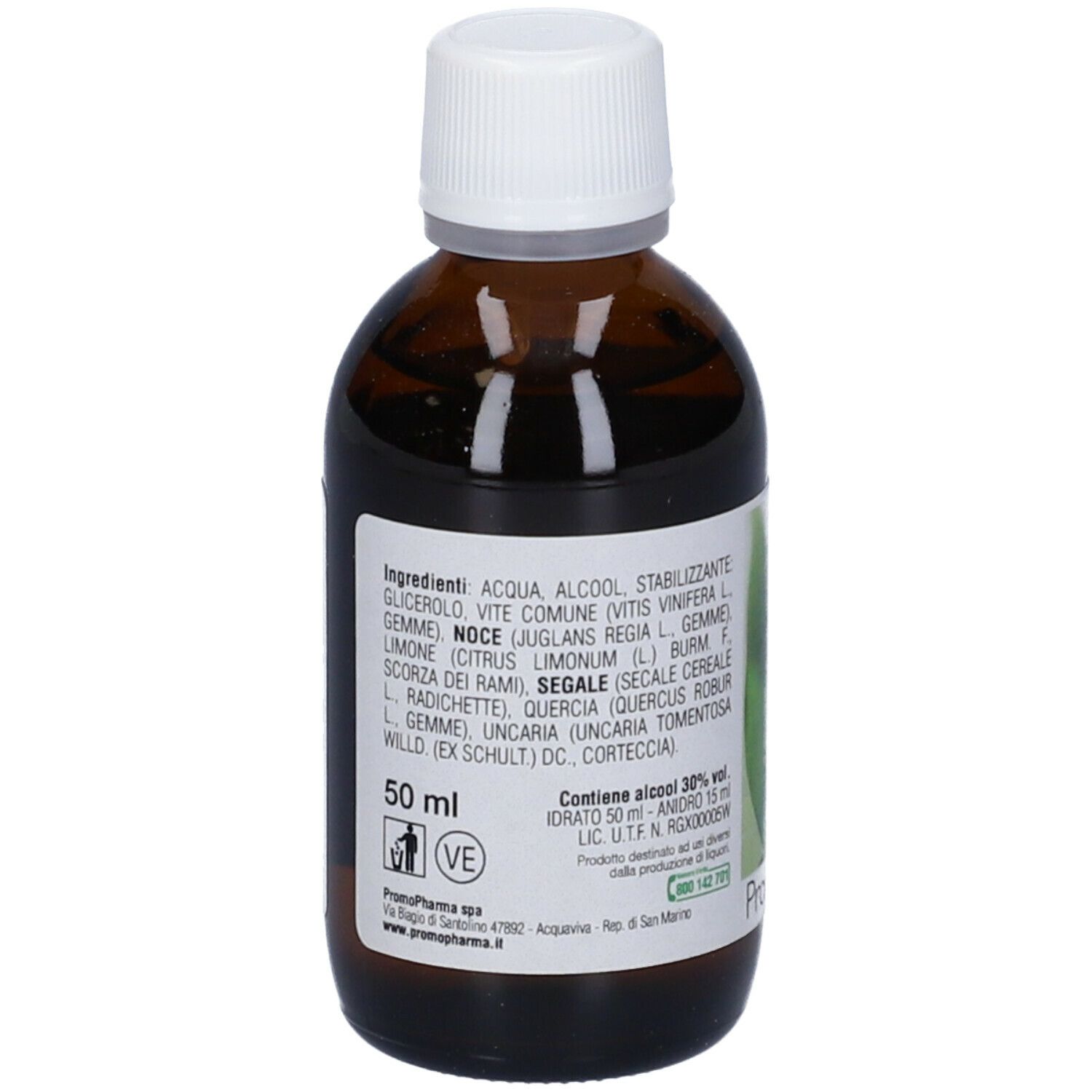 Flacone marrone con tappo bianco. Etichetta con nome prodotto, 5 e 50 ml. Promopharma.