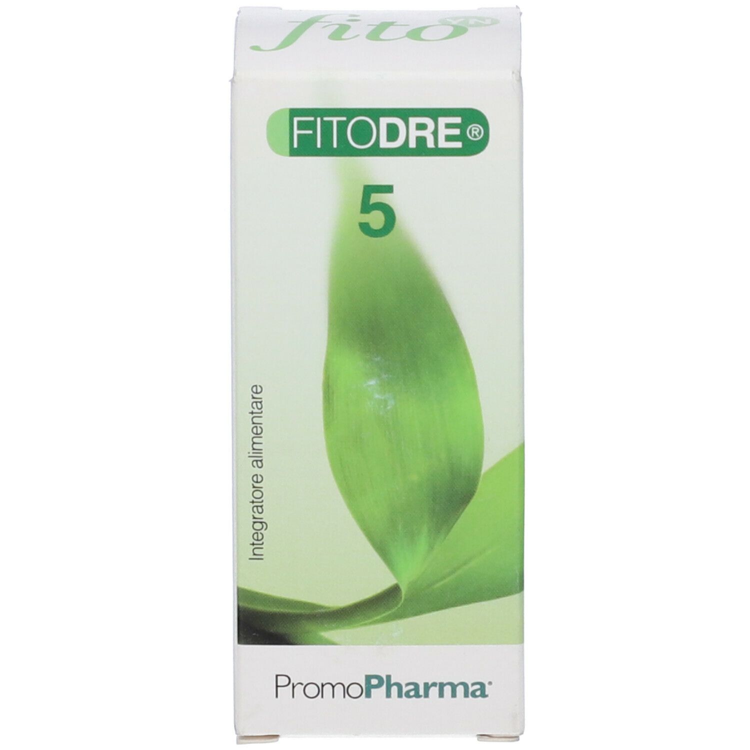 Confezione del prodotto. Scatola con nome del prodotto e foglie verdi. Promopharma.