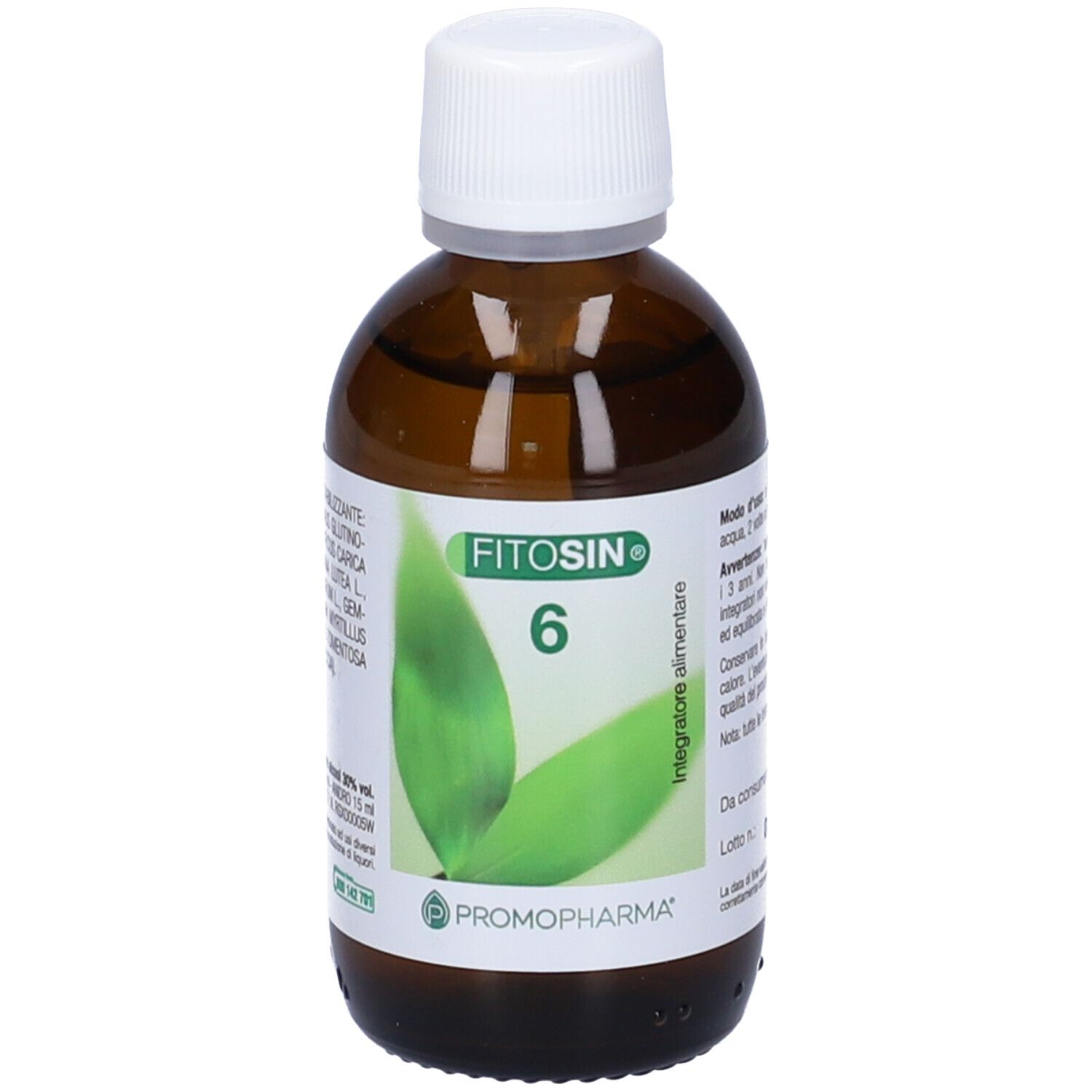 Flacone di vetro marrone con tappo bianco. Etichetta con motivo a foglia verde e scritta Fitosin 6. Marchio PromoPharma.