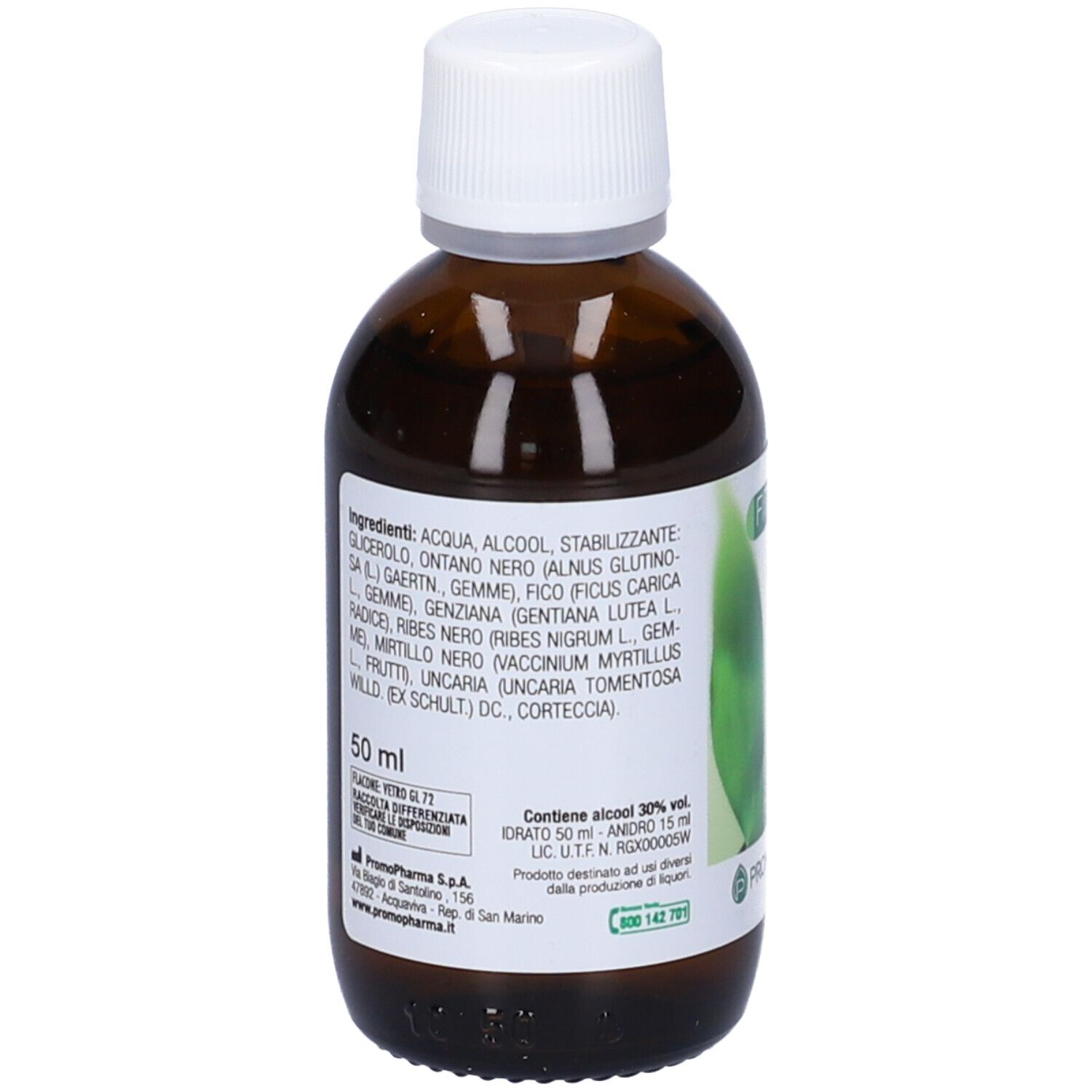 Retro del flacone di vetro marrone. Etichetta con elenco ingredienti e altre informazioni. Marchio PromoPharma.