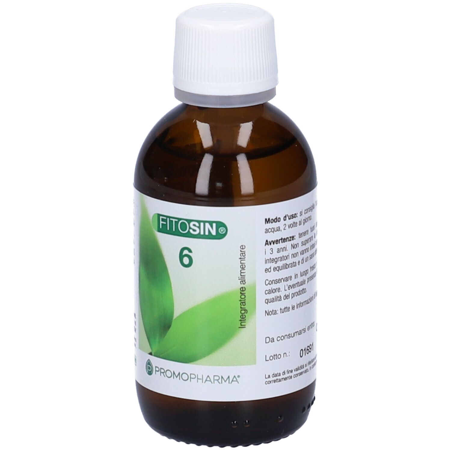 Flacone di vetro marrone con tappo bianco. Etichetta con motivo a foglia verde e scritta Fitosin 6. Marchio PromoPharma.