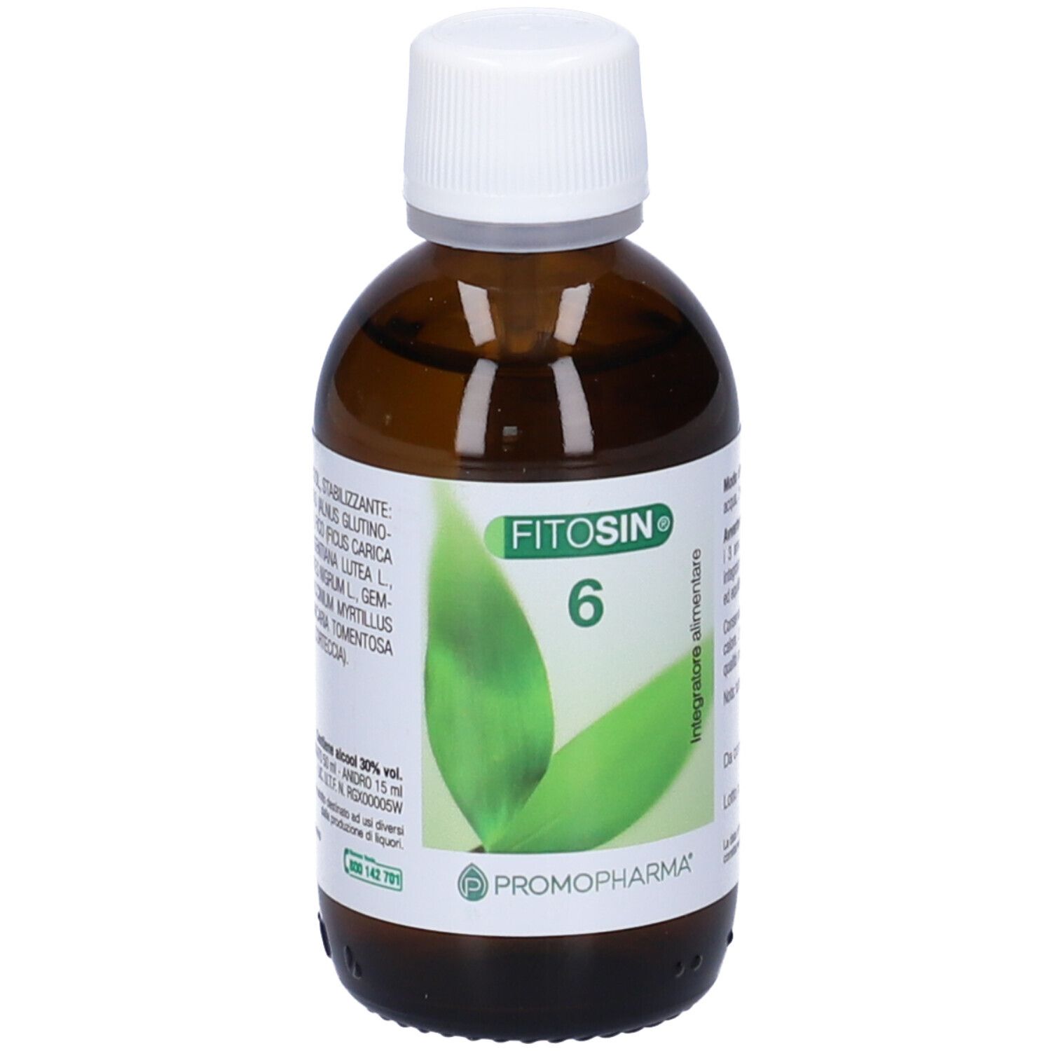 Flacone di vetro marrone con tappo bianco. Etichetta con motivo a foglia verde e scritta Fitosin 6. Marchio PromoPharma.