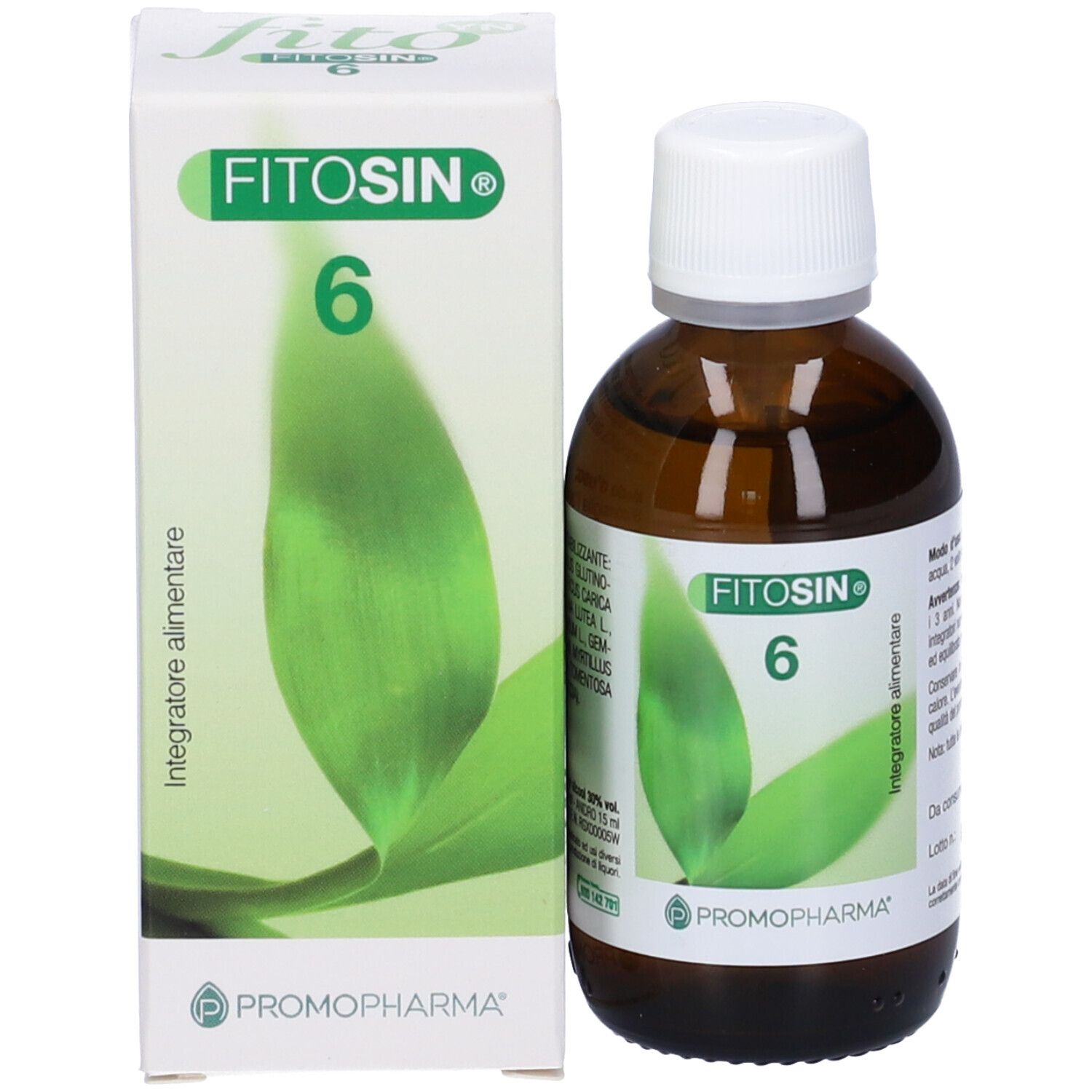 Confezione del prodotto e flacone. Scatola con scritta Fitosin 6 e motivo a foglia verde. Flacone di vetro marrone accanto.