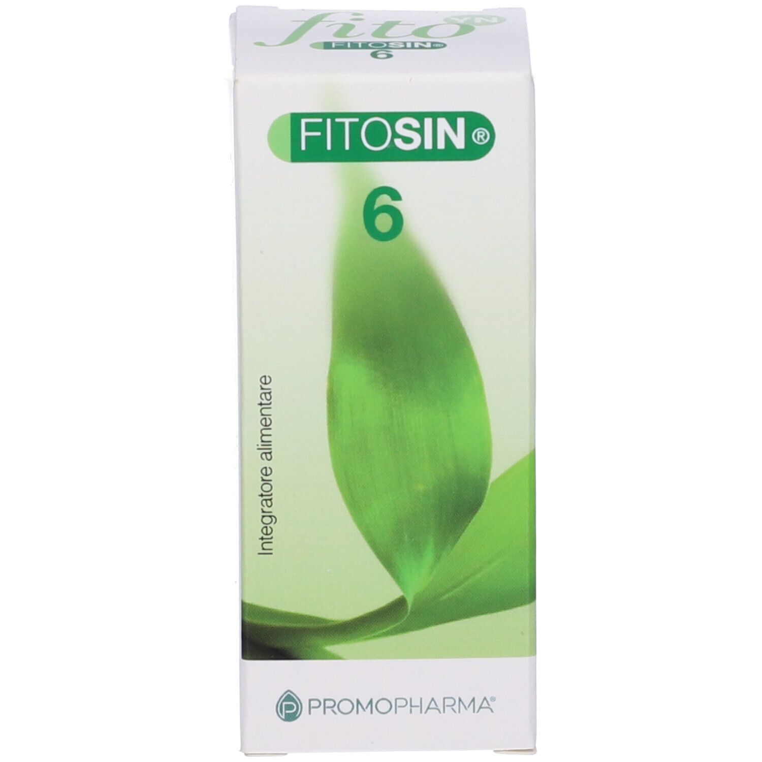 Confezione del prodotto. Scatola bianca con scritta Fitosin 6 e motivo a foglia verde. Marchio PromoPharma.