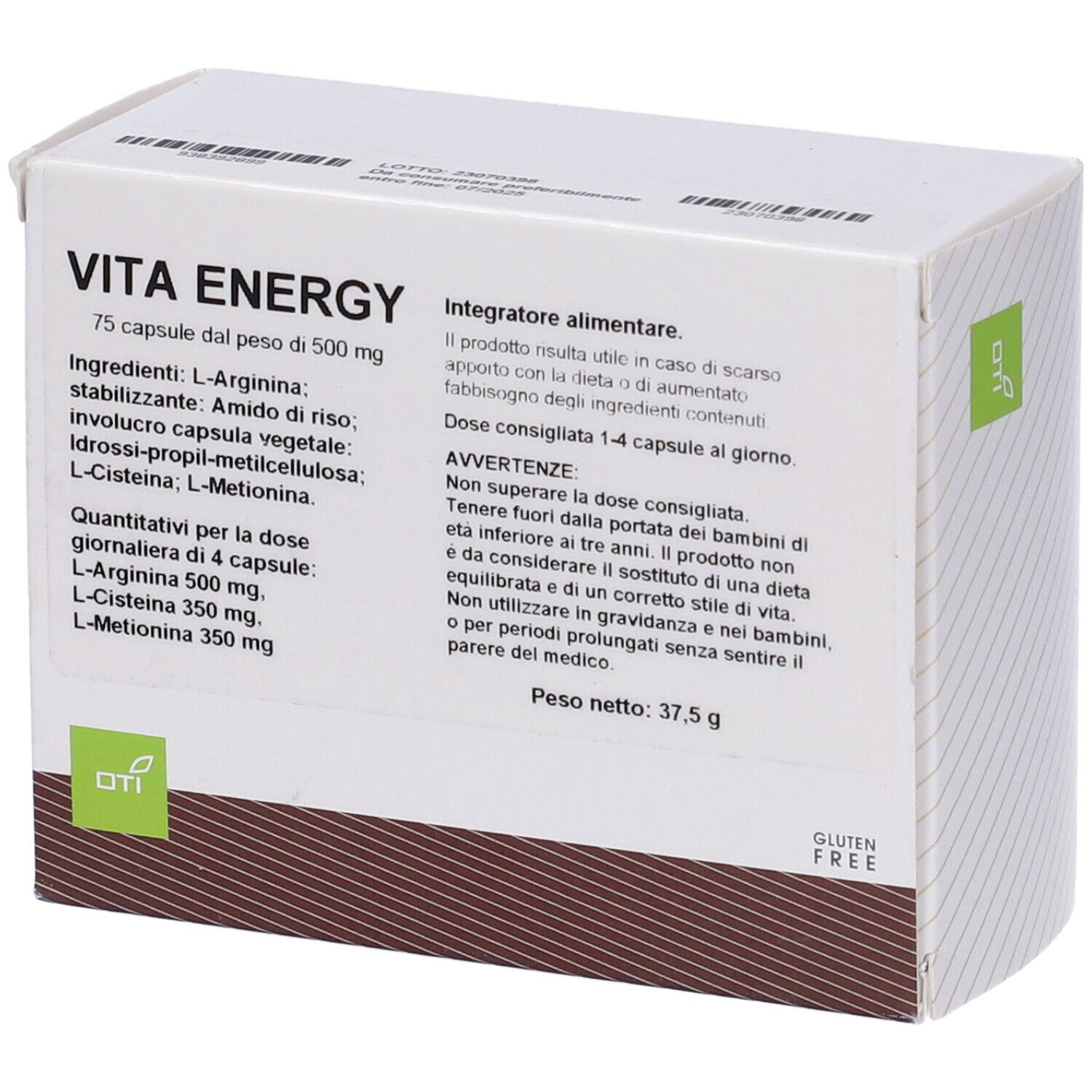 Scatola di Vita Energy 75Cps. Scritto: 75 capsule, 500 mg. Elenco ingredienti e avvertenze. Sigillo senza glutine.
