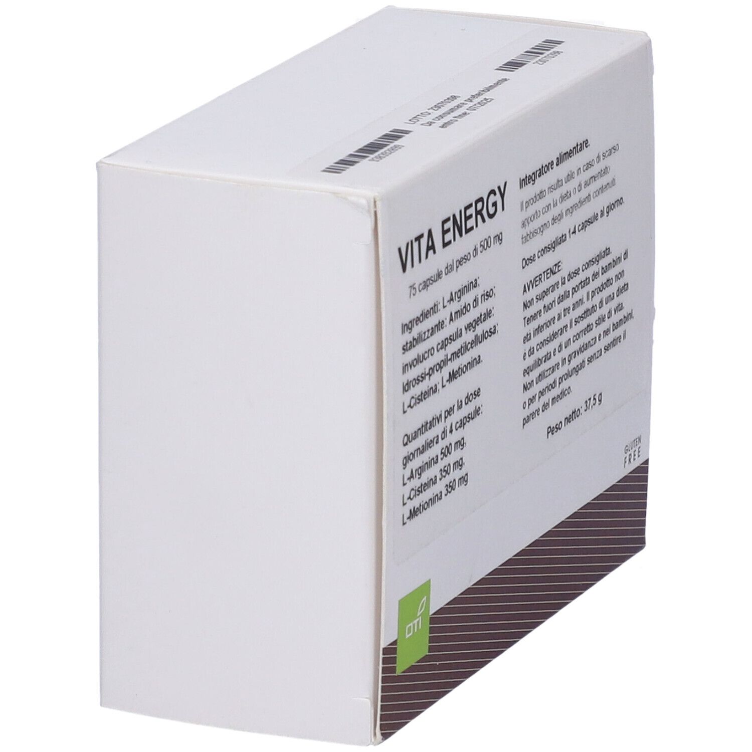 Scatola di Vita Energy 75Cps. Vista laterale. Scritto: Vita Energy, 75 capsule, 500 mg. Elenco ingredienti e avvertenze.
