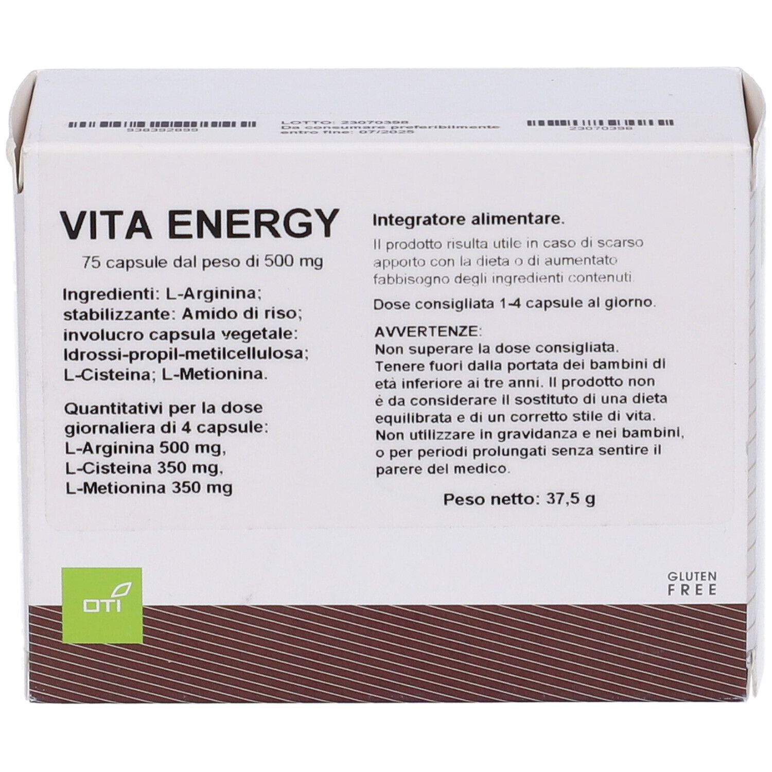 Scatola di Vita Energy 75Cps. Scritto: Vita Energy, 75 capsule, 500 mg. Elenco ingredienti e avvertenze. Senza glutine.