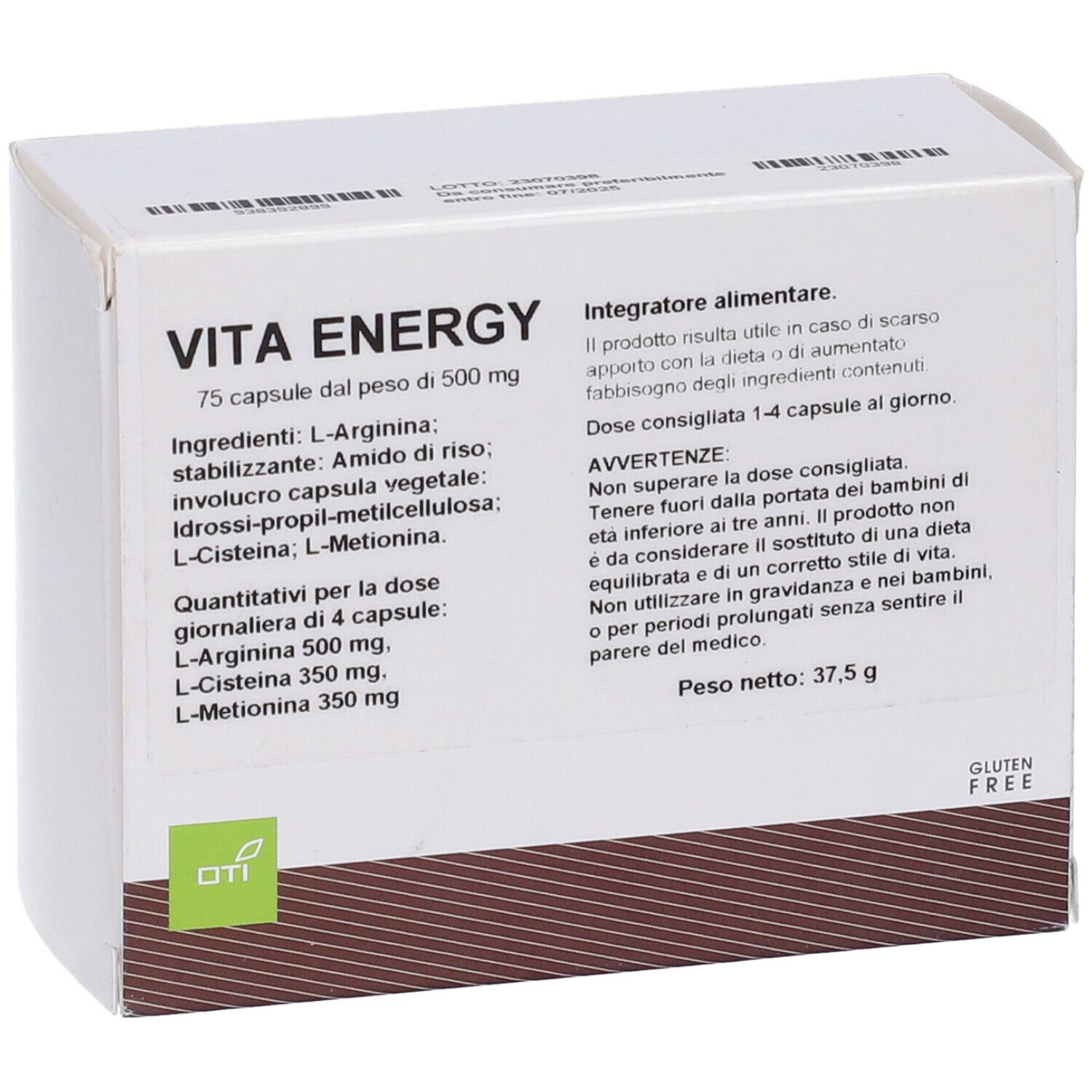 Scatola di Vita Energy 75Cps. Scritto: Vita Energy, 75 capsule, 500 mg. Elenco ingredienti e avvertenze. Senza glutine.